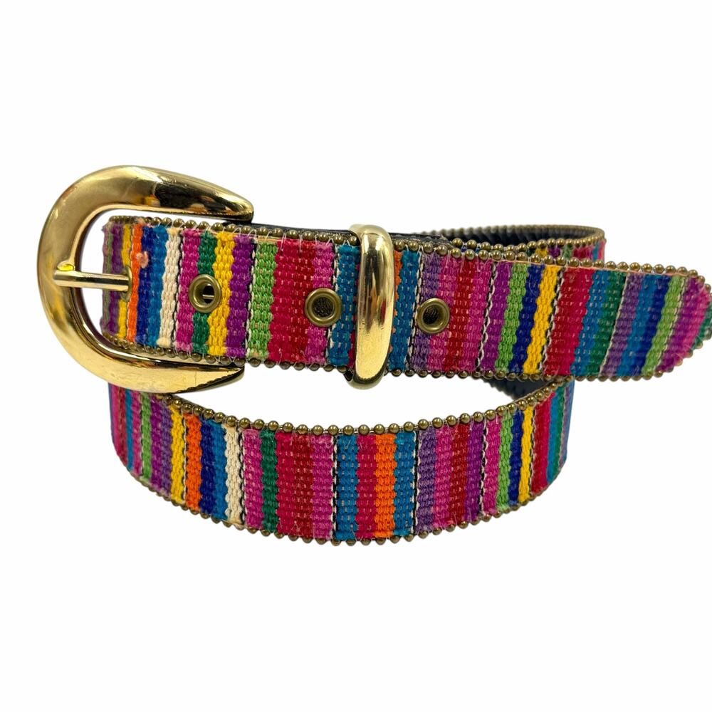 Vtg Elite Fresno CA 90s Multi Color Striped Fabric Leather Belt Gold Buckle M